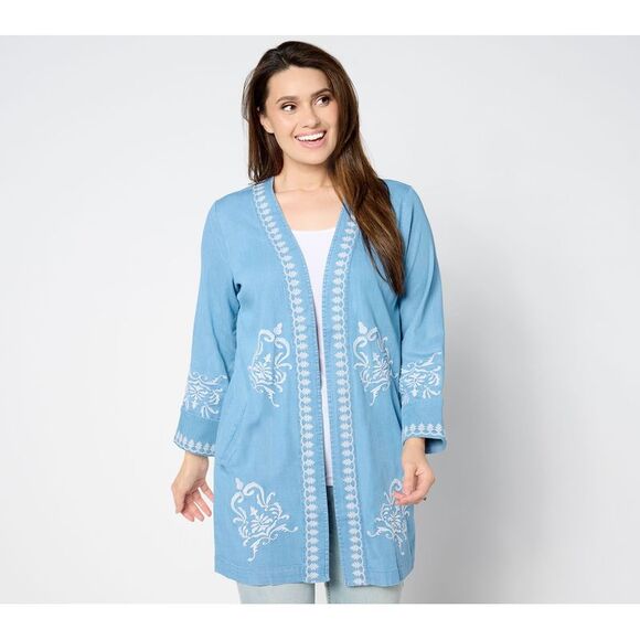 Susan Graver Women's Petite Jacket PL Open Front Chambray with Lace Blue A641720 - Picture 1 of 4
